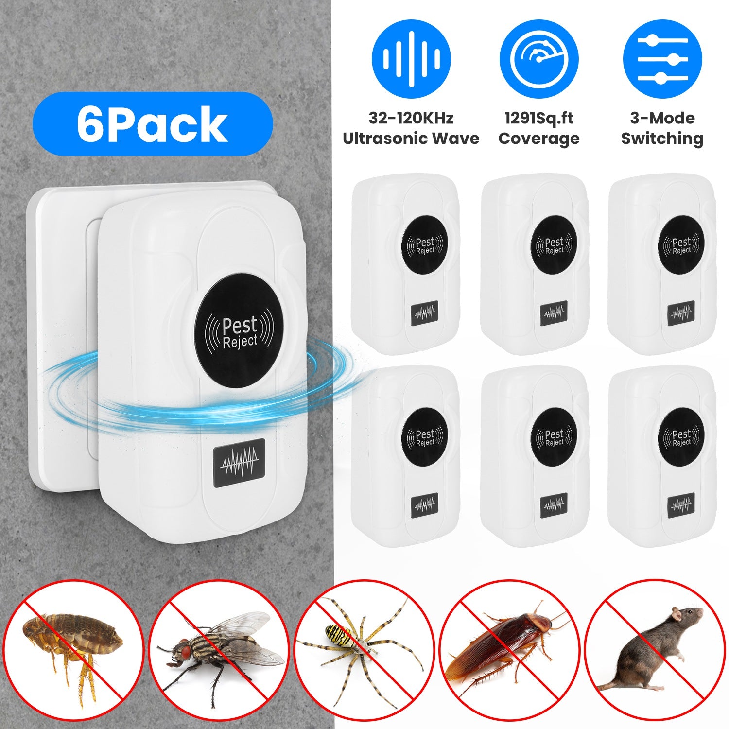6 Pack 32-120KHz Ultrasonic Insect Repellent Indoor Plug